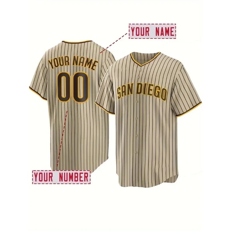 Sports Equipment Jersey - カスタム名と番号メンズ刺繍野球ジャージサンディエゴパーソナライズ半袖ボタンダウン通気性 DIY シャツ