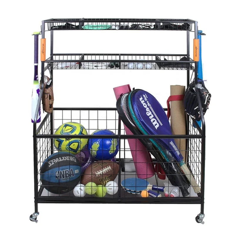 Sports Equipment Garage Storage - 2026年版ガレージスポーツ用品収納オーガナイザー（バスケットとフック付き）スポーツボール・ギアラックホルダー収納ラック