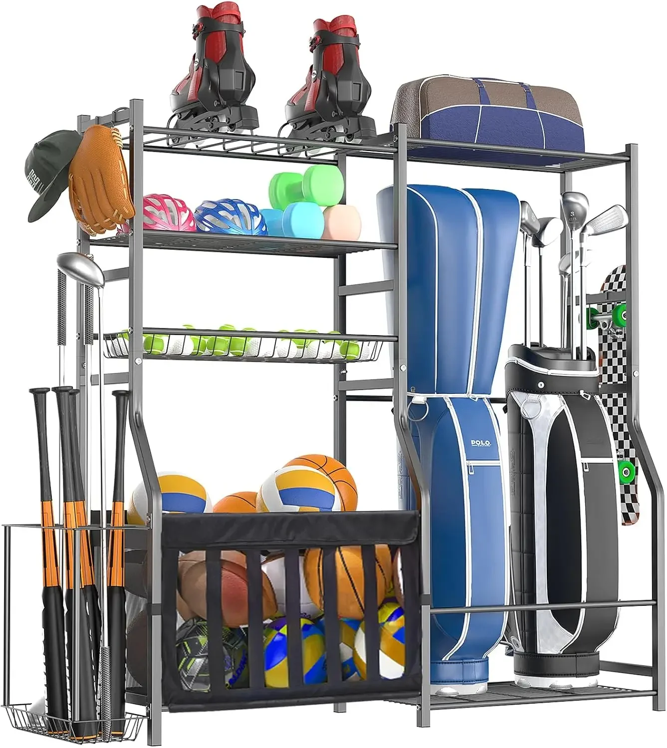 Sports Equipment Garage Storage - 頑丈なガレージスポーツ用品オーガナイザー、オールインワンゴルフバッグ収納ラック、バスケットボール、バット用マルチスポーツボールホルダー