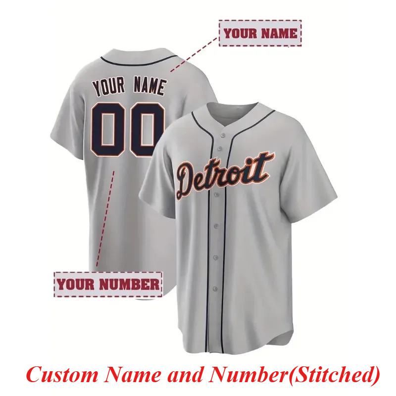 Sports Equipment Jersey - カスタマイズされた名前と番号メンズ刺繍野球ジャージデトロイトグレー V ネックパーソナライズ半袖ボタンダウン DIY シャツ