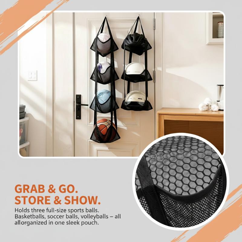 壁掛けバスケットボール収納メッシュバッグ 3つの独立したポケ - Sports Equipment Garage Storage のレビューと価格